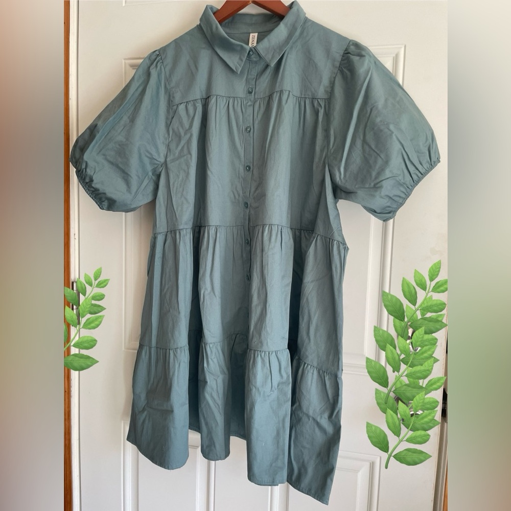 Zenana. Tiered, Button Down Puff Sleeve,  Pocket Shirt. 1X New